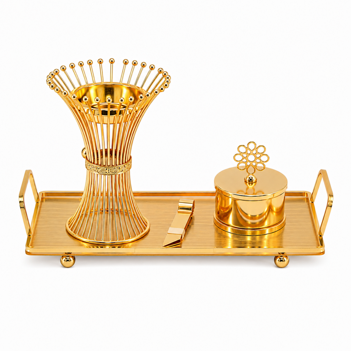 Luxury Gold Wire Mabkhara Bakhoor Incense Burner Set – Decorative Tray, Storage Jar & Tongs