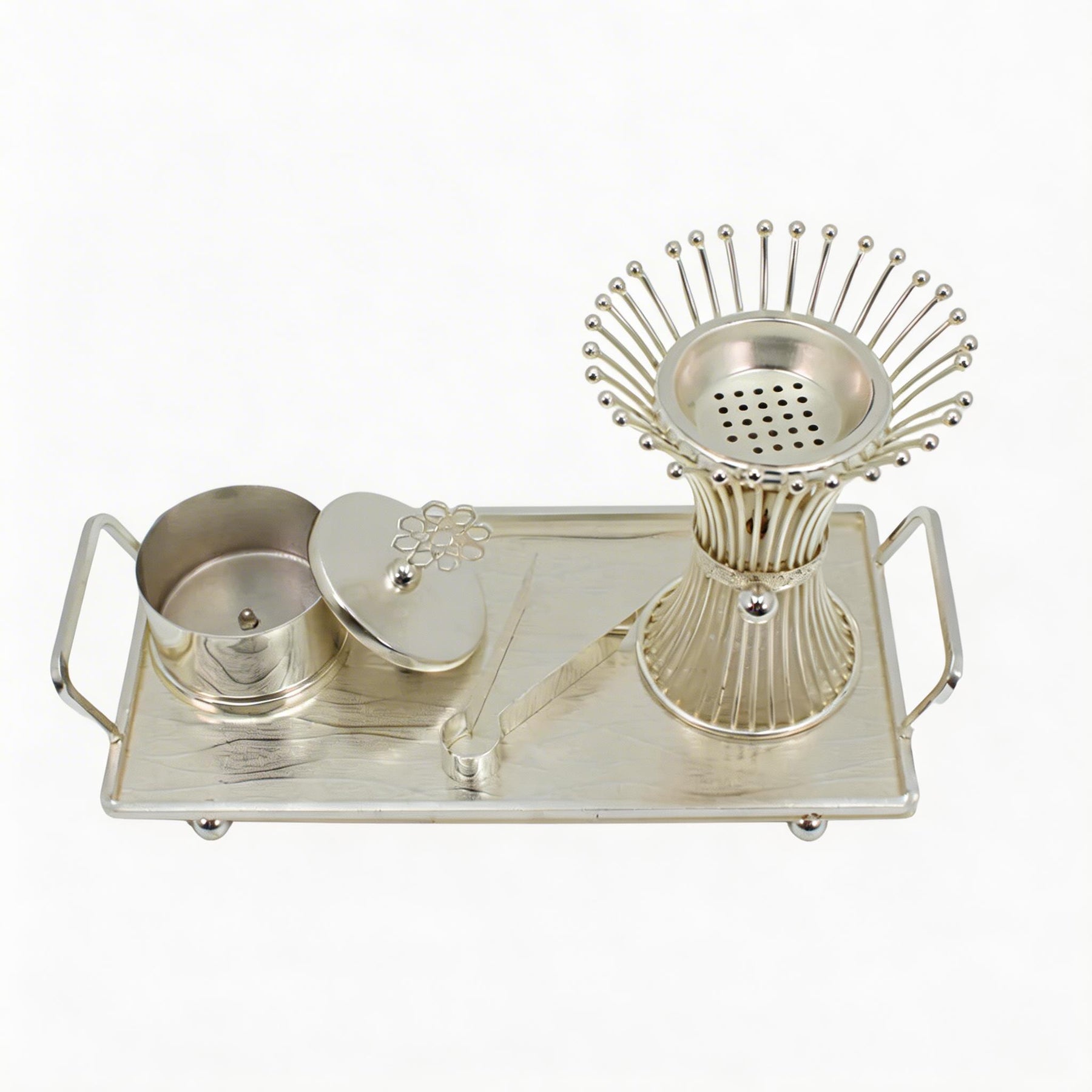 Fluted Wire Crown Silver Bakhoor Incense Burner Set with Rectangular Tray