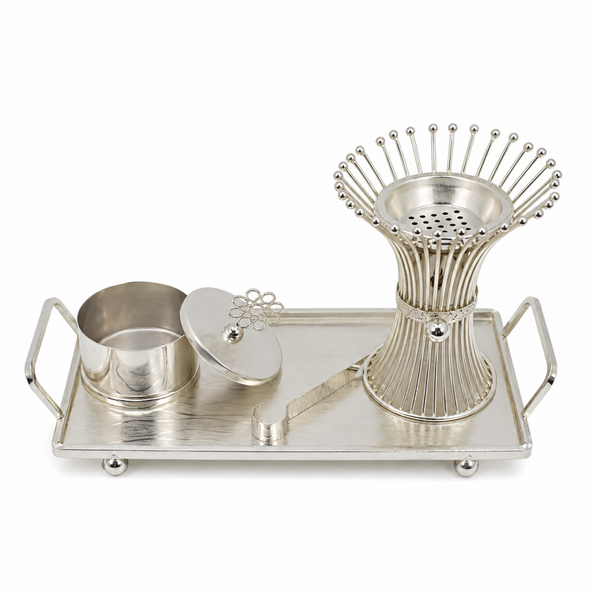 Fluted Wire Crown Silver Bakhoor Incense Burner Set with Rectangular Tray