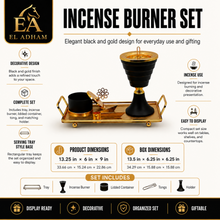 Tiered Obsidian Black & Gold Bakhoor Incense Burner Set with Rectangular Tray