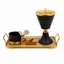 Tiered Obsidian Black & Gold Bakhoor Incense Burner Set with Rectangular Tray