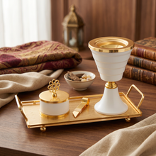 Luxury White & Gold Tiered Mabkhara Bakhoor Incense Burner Set with Storage Jar, Tongs & Tray
