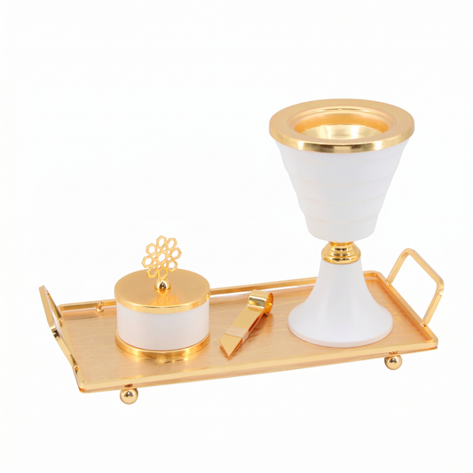 Luxury White & Gold Tiered Mabkhara Bakhoor Incense Burner Set with Storage Jar, Tongs & Tray