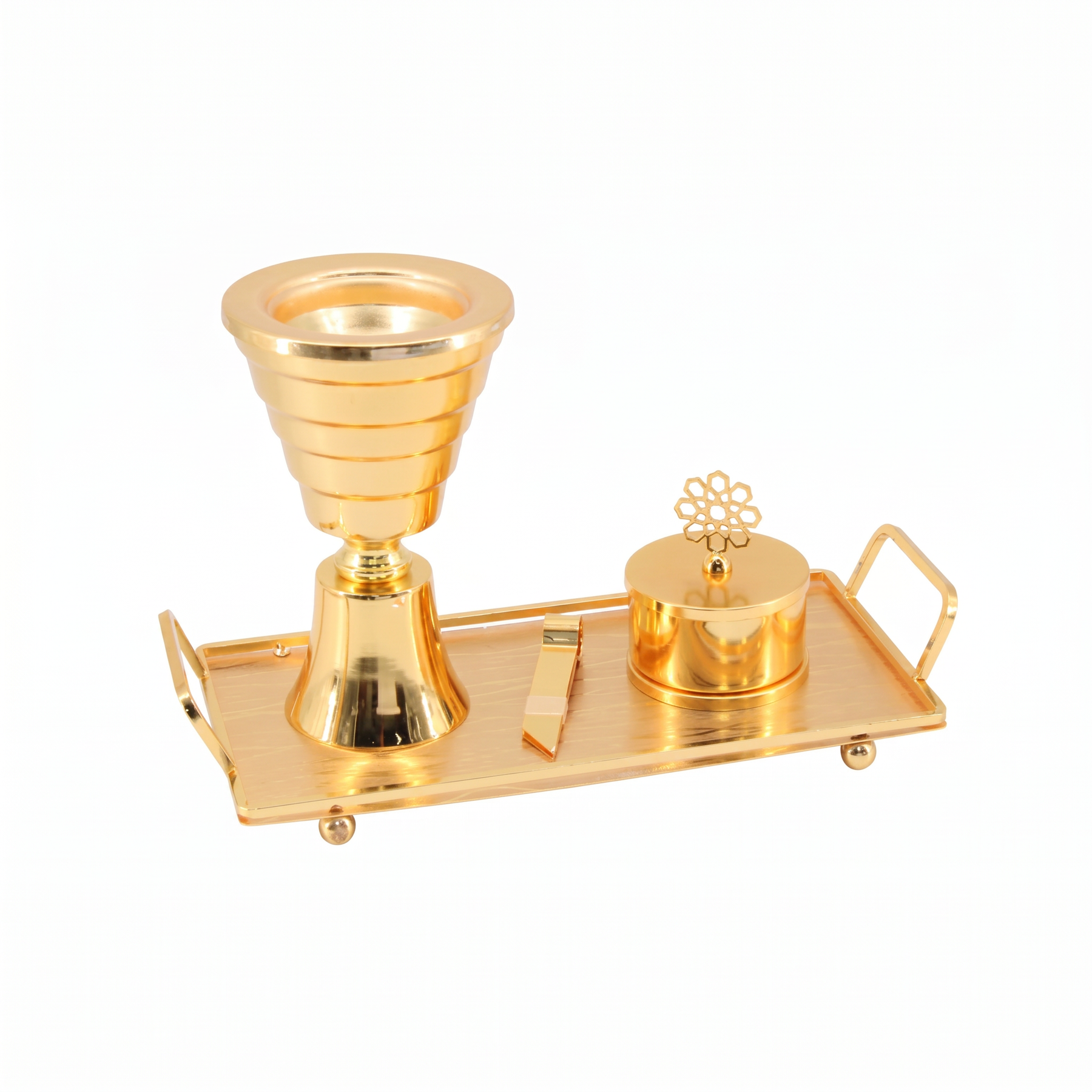 Luxury Gold Tiered Mabkhara Bakhoor Incense Burner Set with Storage Jar, Tongs & Tray