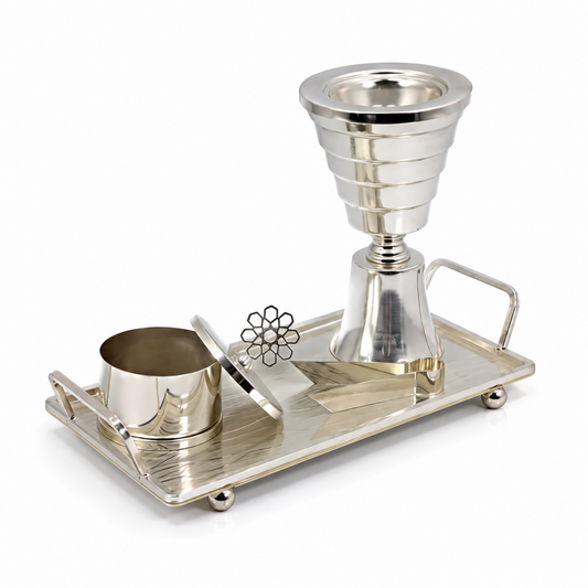 Ribbed Chalice Silver Bakhoor Incense Burner Set with Rectangular Serving Tray – 13.25 x 6 x 8 in