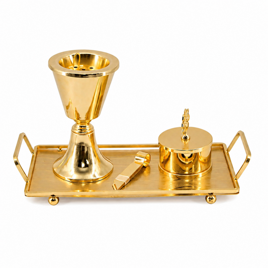 Luxury Gold Tapered Mabkhara Bakhoor Incense Burner Set with Storage Jar, Tongs & Tray