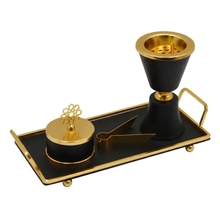 Black Chalice Bakhoor Incense Burner Set with Gold Rim & Rectangular Tray