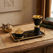 Black Chalice Bakhoor Incense Burner Set with Gold Rim & Rectangular Tray