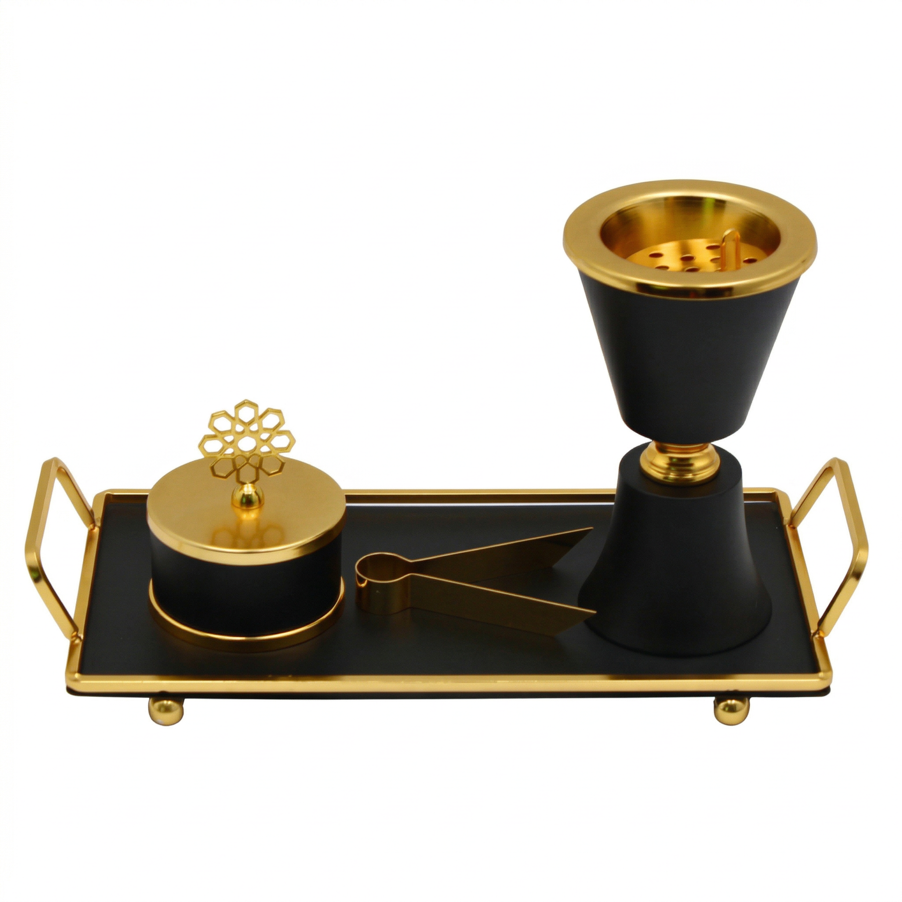 Black Chalice Bakhoor Incense Burner Set with Gold Rim & Rectangular Tray