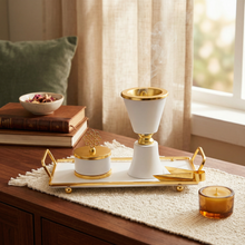 White Chalice Bakhoor Incense Burner Set with Gold Trim & Rectangular Tray