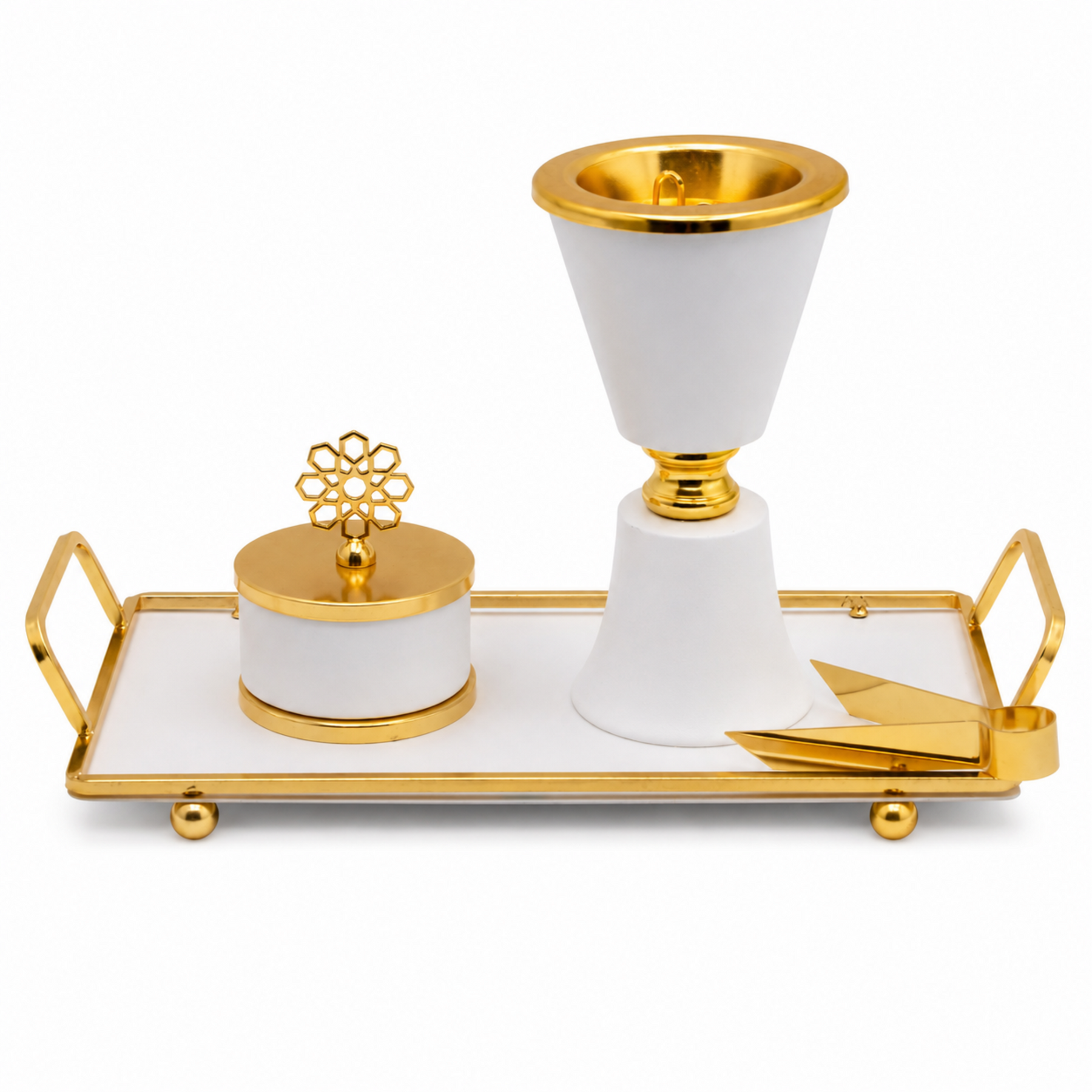 White Chalice Bakhoor Incense Burner Set with Gold Trim & Rectangular Tray