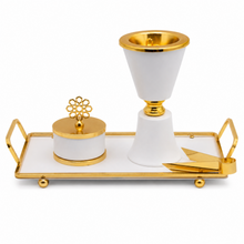 White Chalice Bakhoor Incense Burner Set with Gold Trim & Rectangular Tray