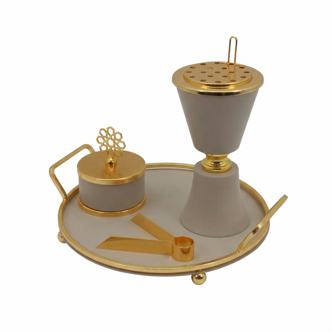 Beige Chalice Bakhoor Incense Burner Set with Gold Accents & Round Tray
