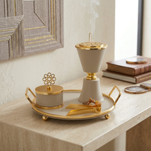 Beige Chalice Bakhoor Incense Burner Set with Gold Accents & Round Tray