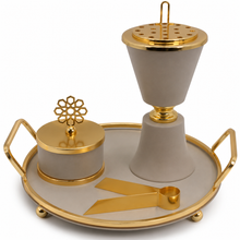 Beige Chalice Bakhoor Incense Burner Set with Gold Accents & Round Tray