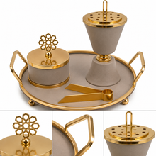 Beige Chalice Bakhoor Incense Burner Set with Gold Accents & Round Tray