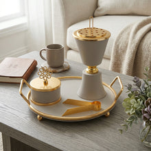 Beige Chalice Bakhoor Incense Burner Set with Gold Accents & Round Tray