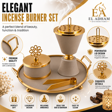 Beige Chalice Bakhoor Incense Burner Set with Gold Accents & Round Tray