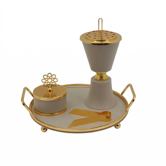 Beige Chalice Bakhoor Incense Burner Set with Gold Accents & Round Tray