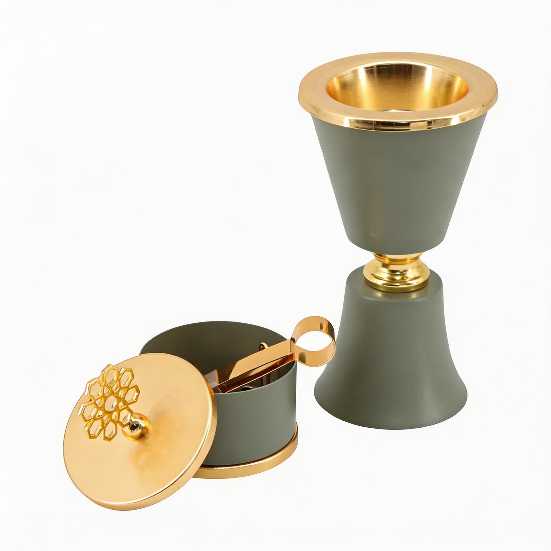 Sage Green & Gold Mabkhara Bakhoor Incense Burner Set with Storage Jar, Tongs & Tray