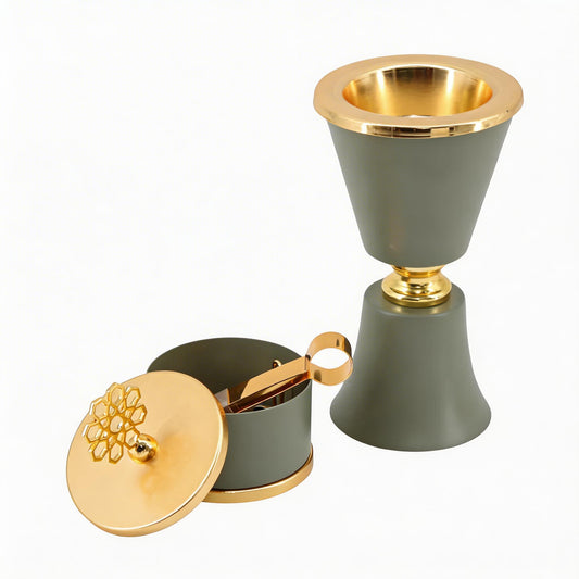Sage Green & Gold Mabkhara Bakhoor Incense Burner Set with Storage Jar, Tongs & Tray