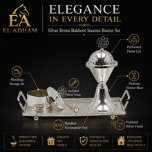 Silver Dome Bakhoor Incense Burner Set with Pedestal Base, Rectangular Tray, Lid, and Tongs – 13.25" x 6" x 10"