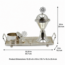 Silver Dome Bakhoor Incense Burner Set with Pedestal Base, Rectangular Tray, Lid, and Tongs – 13.25" x 6" x 10"