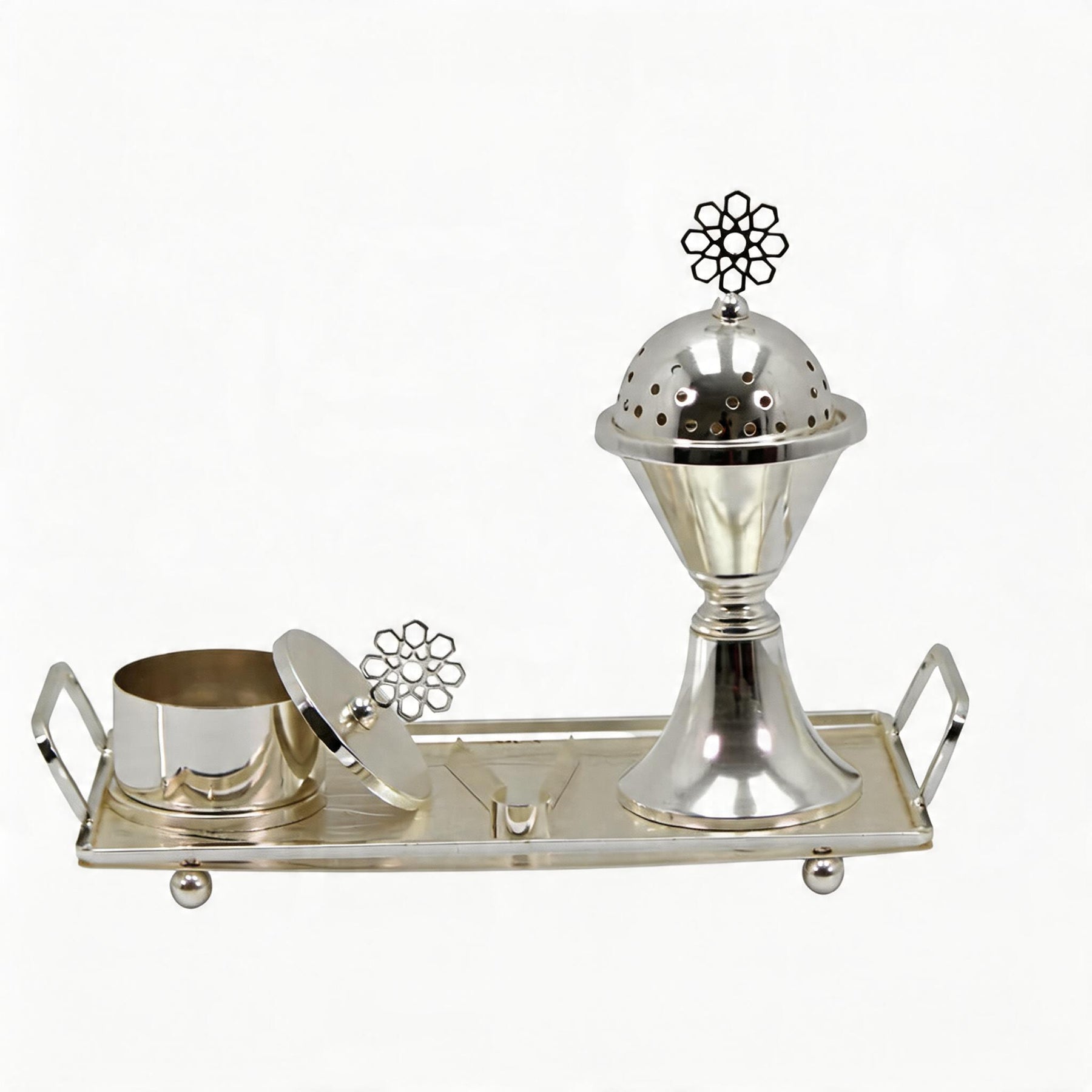 Silver Dome Bakhoor Incense Burner Set with Pedestal Base & Rectangular Tray