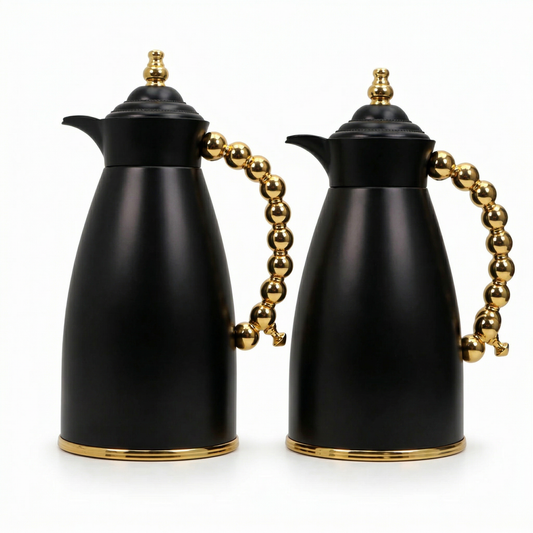 Black Arabic Coffee & Tea Dallah Set with Gold Beaded Handle - 0.7L & 1L (2-Piece Set)
