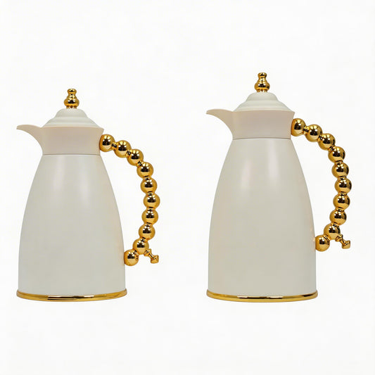 White Arabic Coffee & Tea Dallah Set with Gold Beaded Handle - 0.7L & 1L (2-Piece Set)