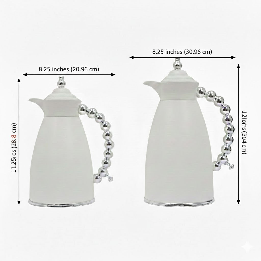 White Arabic Coffee & Tea Dallah Set with Silver Beaded Handle - 0.7L & 1L (2-Piece Set)