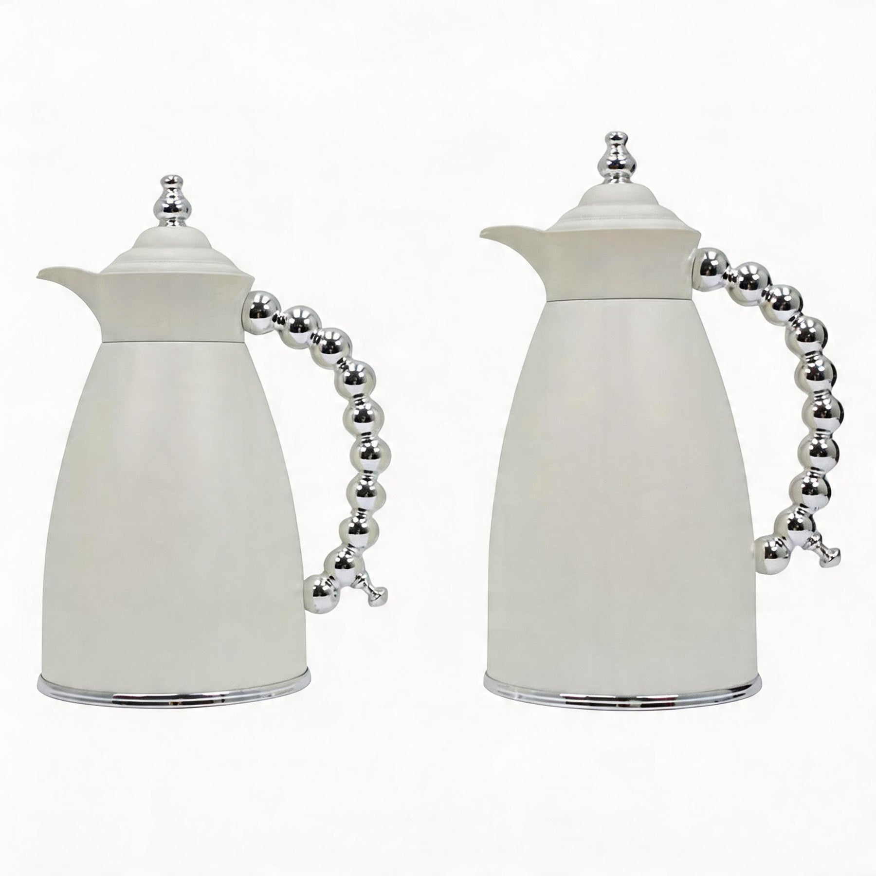White Arabic Coffee & Tea Dallah Set with Silver Beaded Handle - 0.7L & 1L (2-Piece Set)