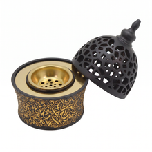 Black & Gold Arabic Calligraphy Incense Burner with Pierced Dome Lid