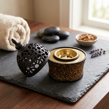 Black & Gold Arabic Calligraphy Incense Burner with Pierced Dome Lid