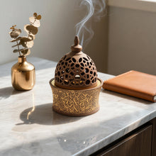 Light Brown & Gold Arabic Calligraphy Incense Burner with Pierced Dome Lid