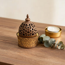 Light Brown & Gold Arabic Calligraphy Incense Burner with Pierced Dome Lid