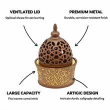 Light Brown & Gold Arabic Calligraphy Incense Burner with Pierced Dome Lid