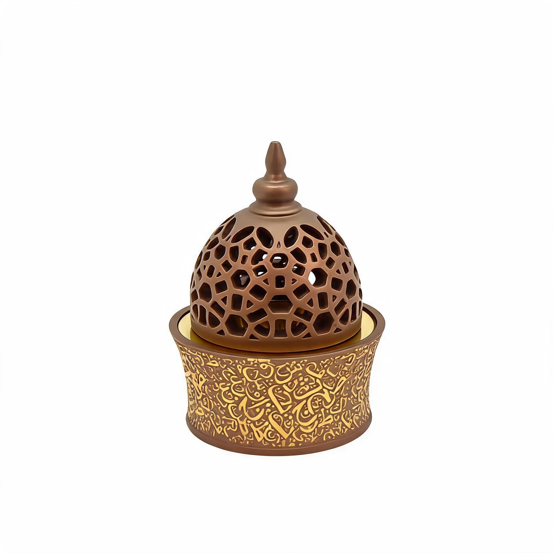 Light Brown & Gold Arabic Calligraphy Incense Burner with Pierced Dome Lid