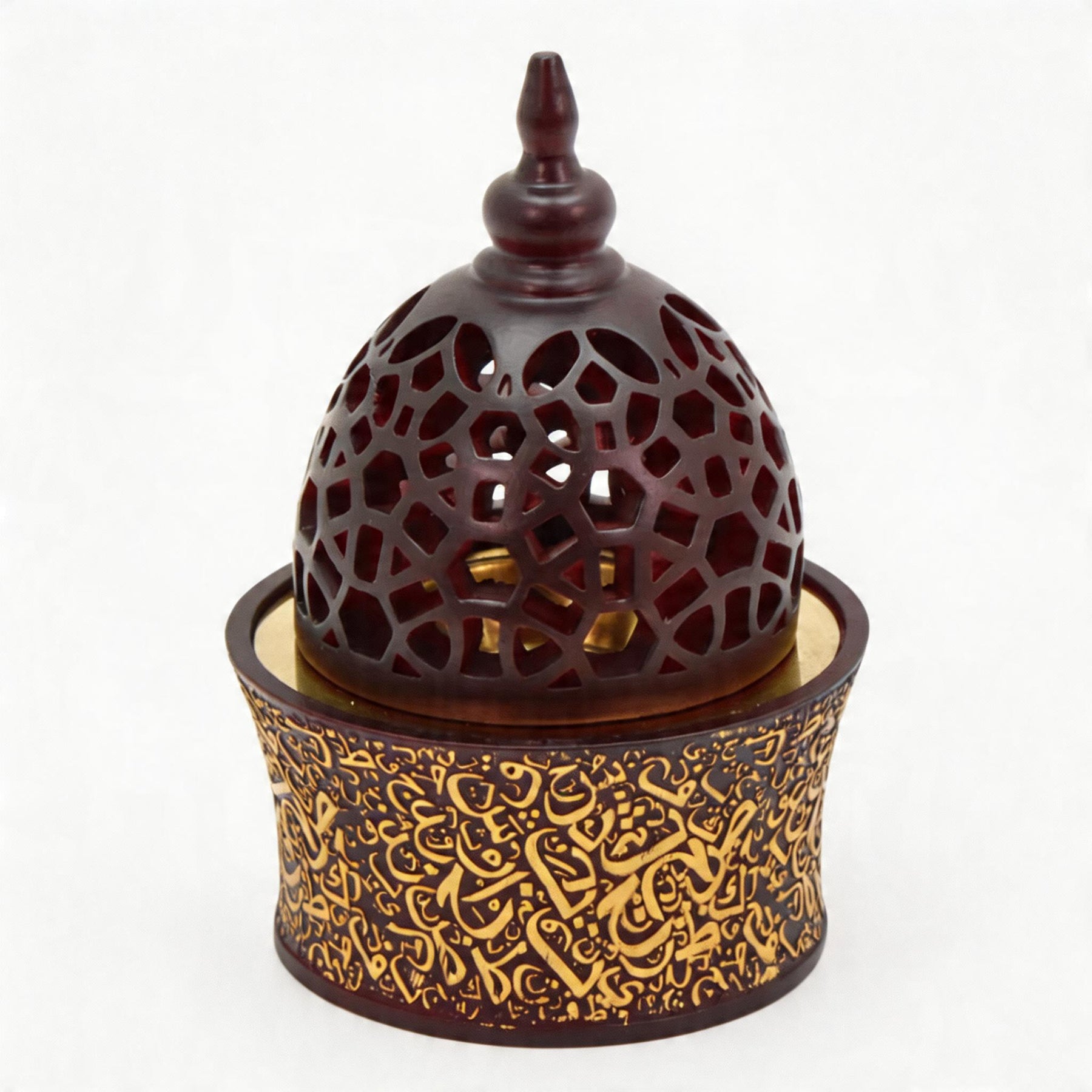 Dark Brown & Gold Arabic Calligraphy Incense Burner with Pierced Dome Lid