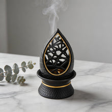 Teardrop Geometric Incense Burner with Gold Trim and Openwork Design - Black-Gold