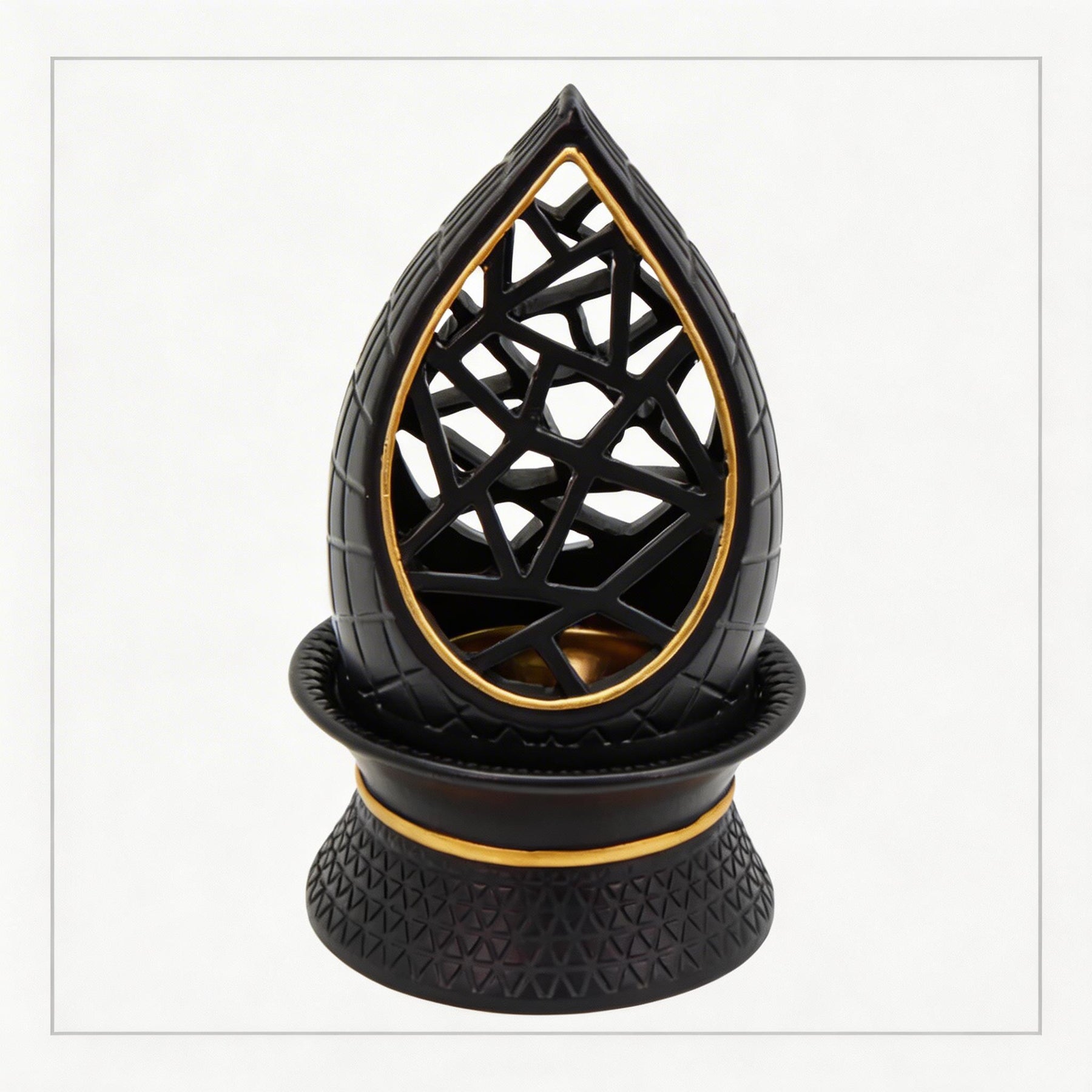 Teardrop Geometric Incense Burner with Gold Trim and Openwork Design - Black-Gold