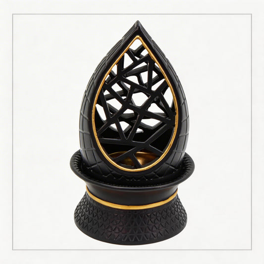 Teardrop Geometric Incense Burner with Gold Trim and Openwork Design - Black-Gold