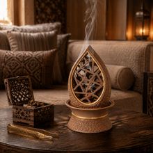 Teardrop Geometric Incense Burner with Gold Trim, Openwork Design & Tray Base, Light Brown Decorative Tabletop Incense Holder