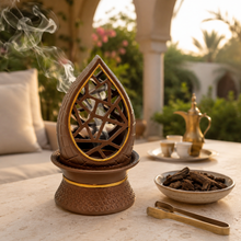 Teardrop Geometric Incense Burner with Gold Trim, Openwork Design & Tray Base, Light Brown Decorative Tabletop Incense Holder