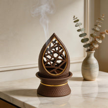 Teardrop Geometric Incense Burner with Gold Trim and Openwork Design - Light Brown