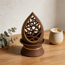 Teardrop Geometric Incense Burner with Gold Trim and Openwork Design - Light Brown