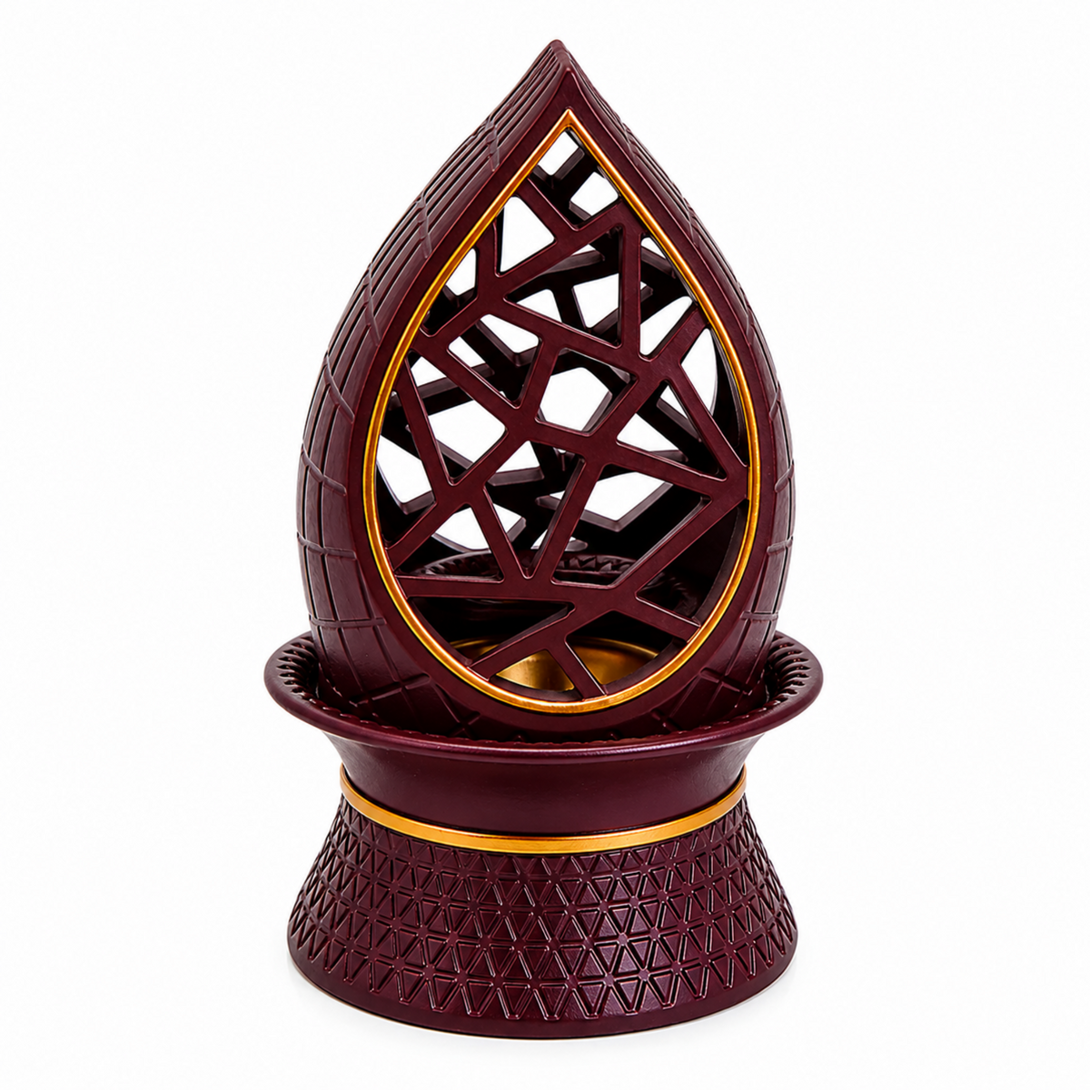 Red Teardrop Geometric Incense Burner with Gold Trim & Openwork Design