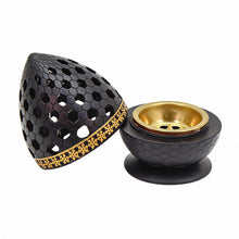Honeycomb Pattern Incense Burner with Gold Inner Cup and Pierced Dome Lid - Black-Gold