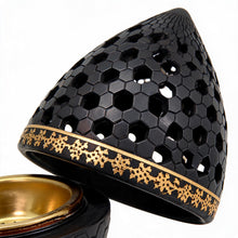 Honeycomb Pattern Incense Burner with Gold Inner Cup and Pierced Dome Lid - Black-Gold