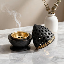 Honeycomb Pattern Incense Burner with Gold Inner Cup and Pierced Dome Lid - Black-Gold